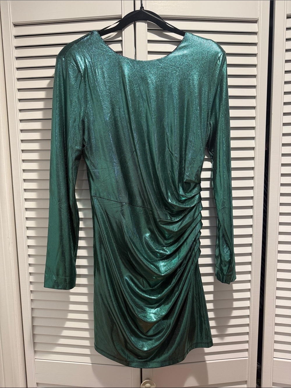Dress the Population Emerald Metallic Ruched Long-Sleeve Dress
